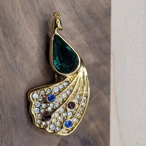 Vintage Gold Tone Peacock Brooch With Multi-color Rhinestones